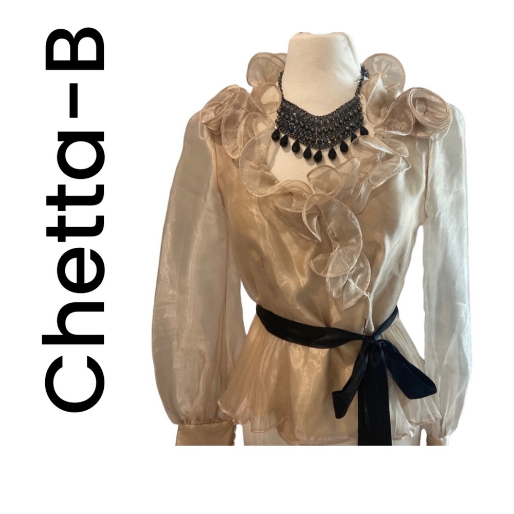 Chetta B Sheer Champagne Ruffle Blouse with Black Sash